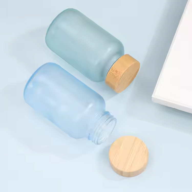 Wholesale 200ml matte blue glass vitamin supplement bottle luxury pill capsules bottle gummy container with wooden lid