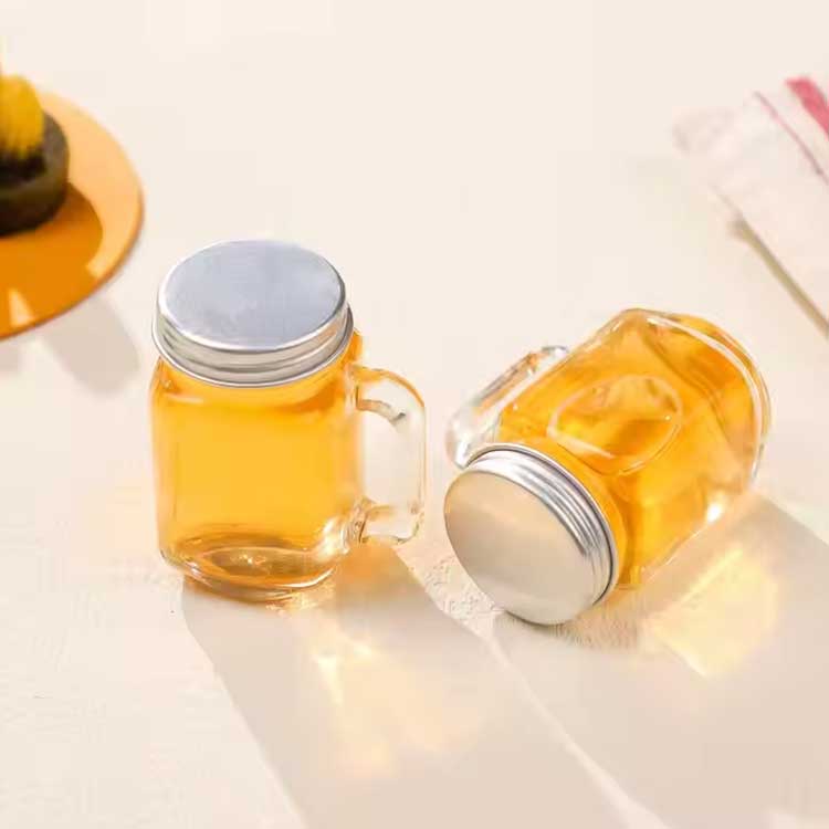 Small square mini size 30ml glass mason jar with handle screw lid for juice honey sauce jam syrup