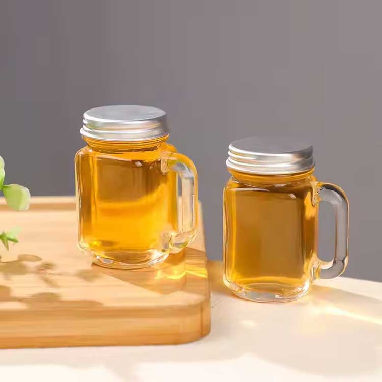 Small square mini size 30ml glass mason jar with handle screw lid for juice honey sauce jam syrup