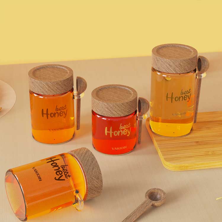 Empty 350ml 450ml 500ml cylinder honey jar small glass honey pot honey dispenser holder with wooden lid and dipper