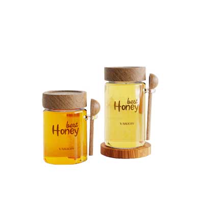 Empty 350ml 450ml 500ml cylinder honey jar small glass honey pot honey dispenser holder with wooden lid and dipper