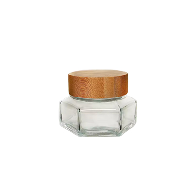 Wholesale luxury 30ml 50ml hexagon glass cream jars cosmetic packaging with bamboo covers, small makeup sample jar for Cream Lotions Lip Balm