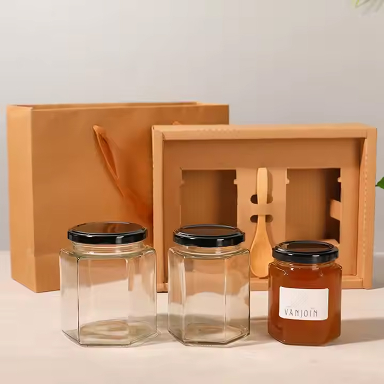 Scented hexagon glass candle jar with metal Lid for home decor, airtight glass canning jars for Spice Jams Shower Favors Wedding Favors Craft