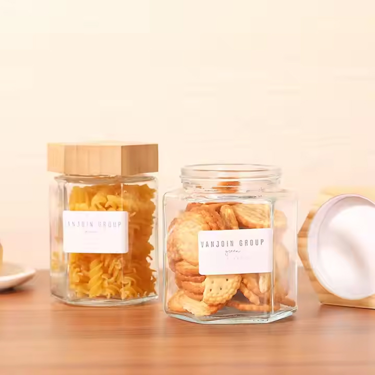 Refillable empty nuts candy snack storage container clear 280/350ml glass hexagon spice jar with wooden lid