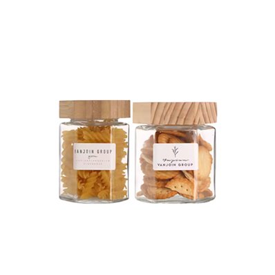 Refillable empty nuts candy snack storage container clear 280/350ml glass hexagon spice jar with wooden lid