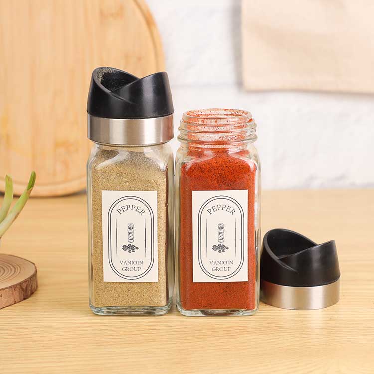 Wholesale clear 120ml square glass spice storage jars with labels and shaker lids