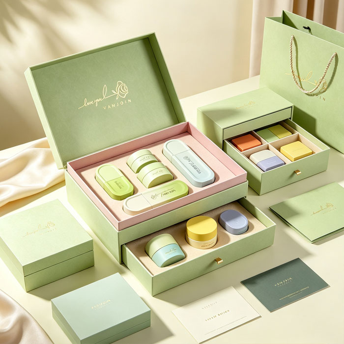 High Quality Light Pink Green Cosmetic Packaging Set Glass Lotion Jar Oil Bottle 4oz 100ml Flat Square Skincare Packaging Set