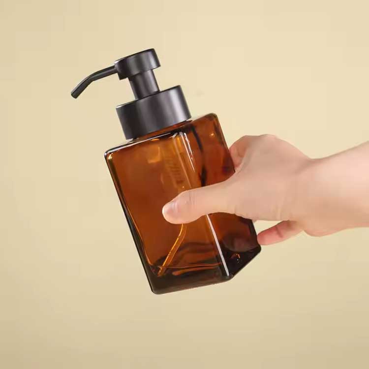 350ml amber square glass soap dispenser matte black stainless steel foaming pump hand soap dispenser bottles